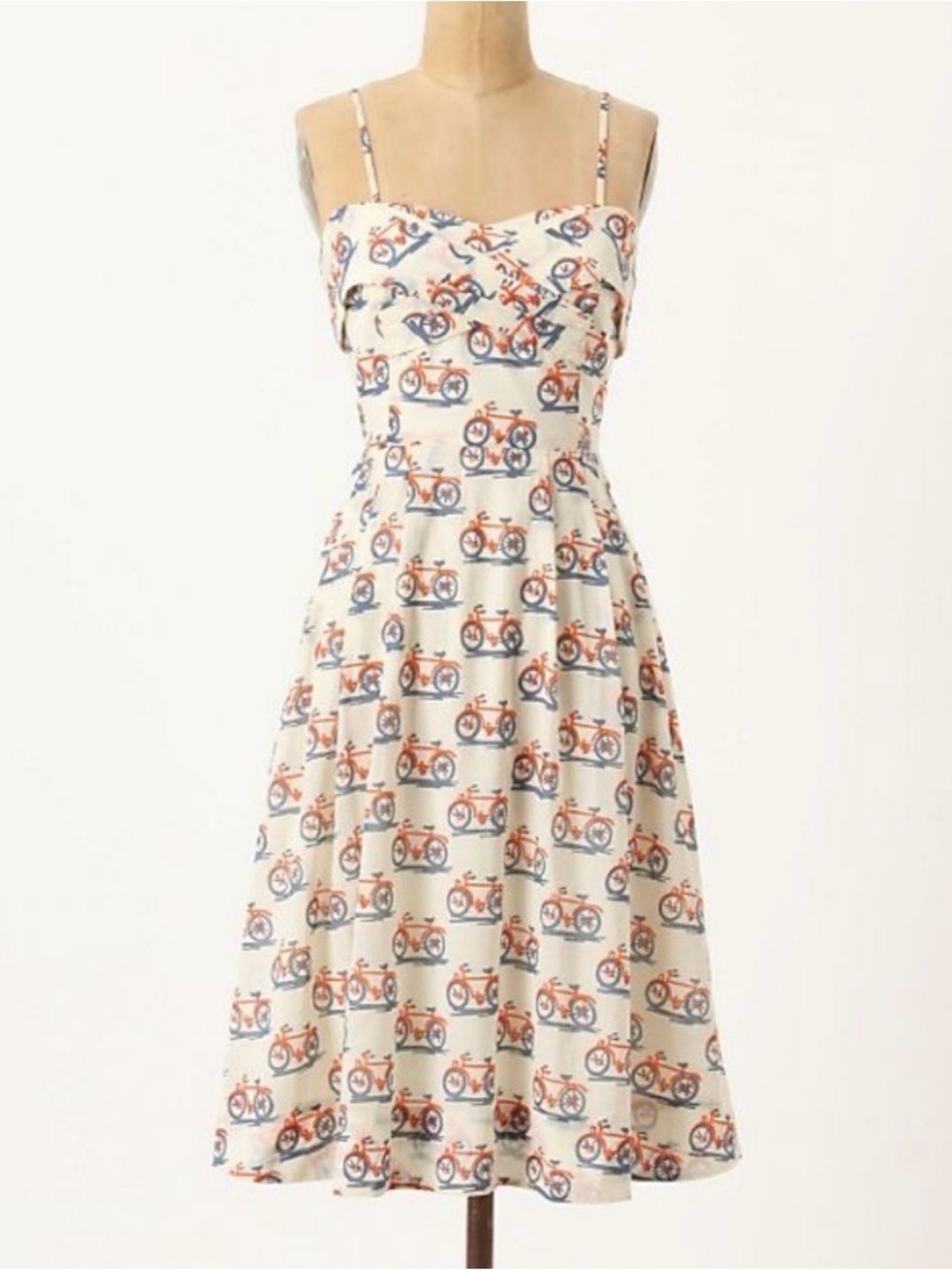 Anthropologie Cream Midi Sundress with Orange & Blue Bicycle Print NWT